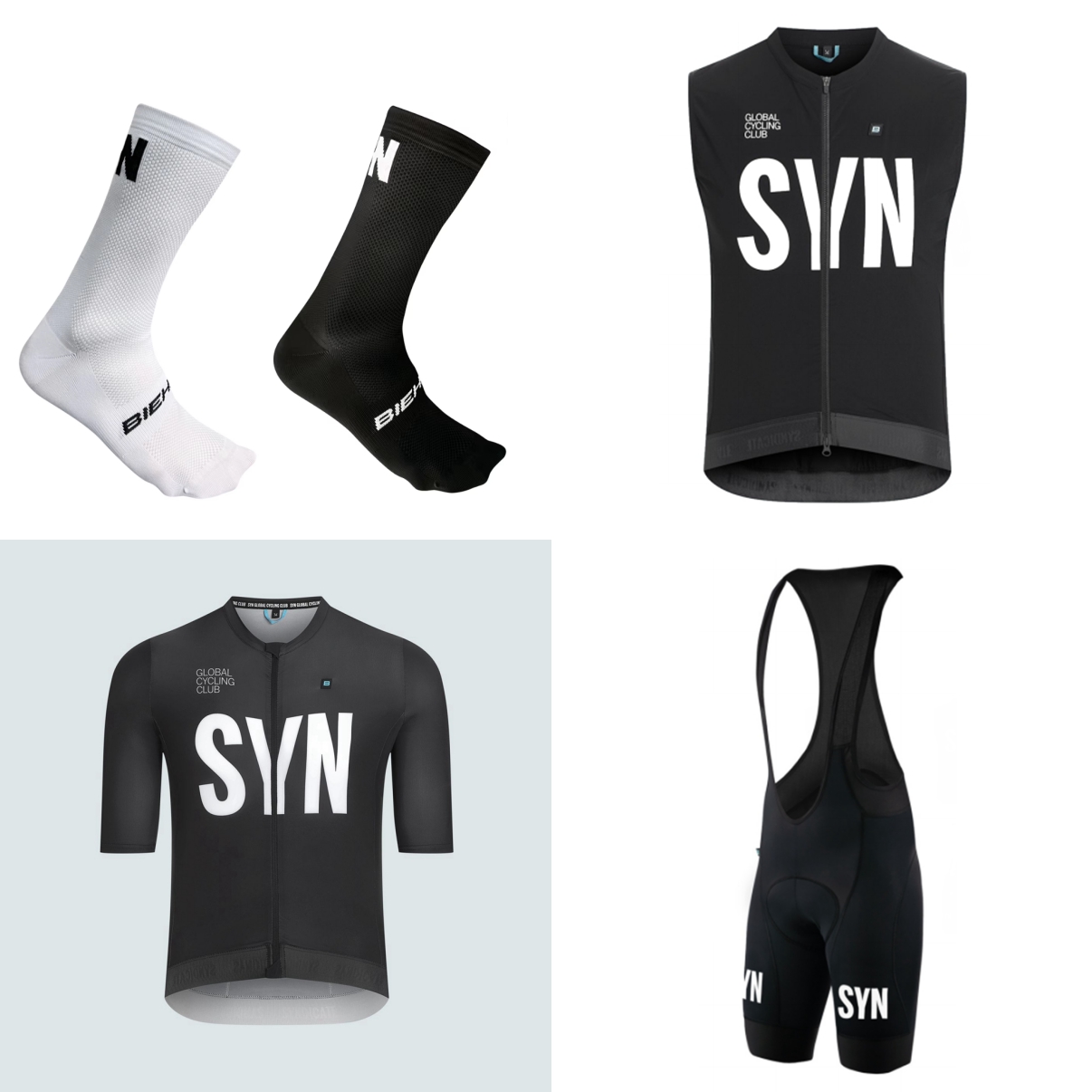 Cycling Gear Clothing - 夏用半袖自転車スーツ 2026 ブラックブルー SYN 便利なサイクリングジャージとビブショーツ 4点セット